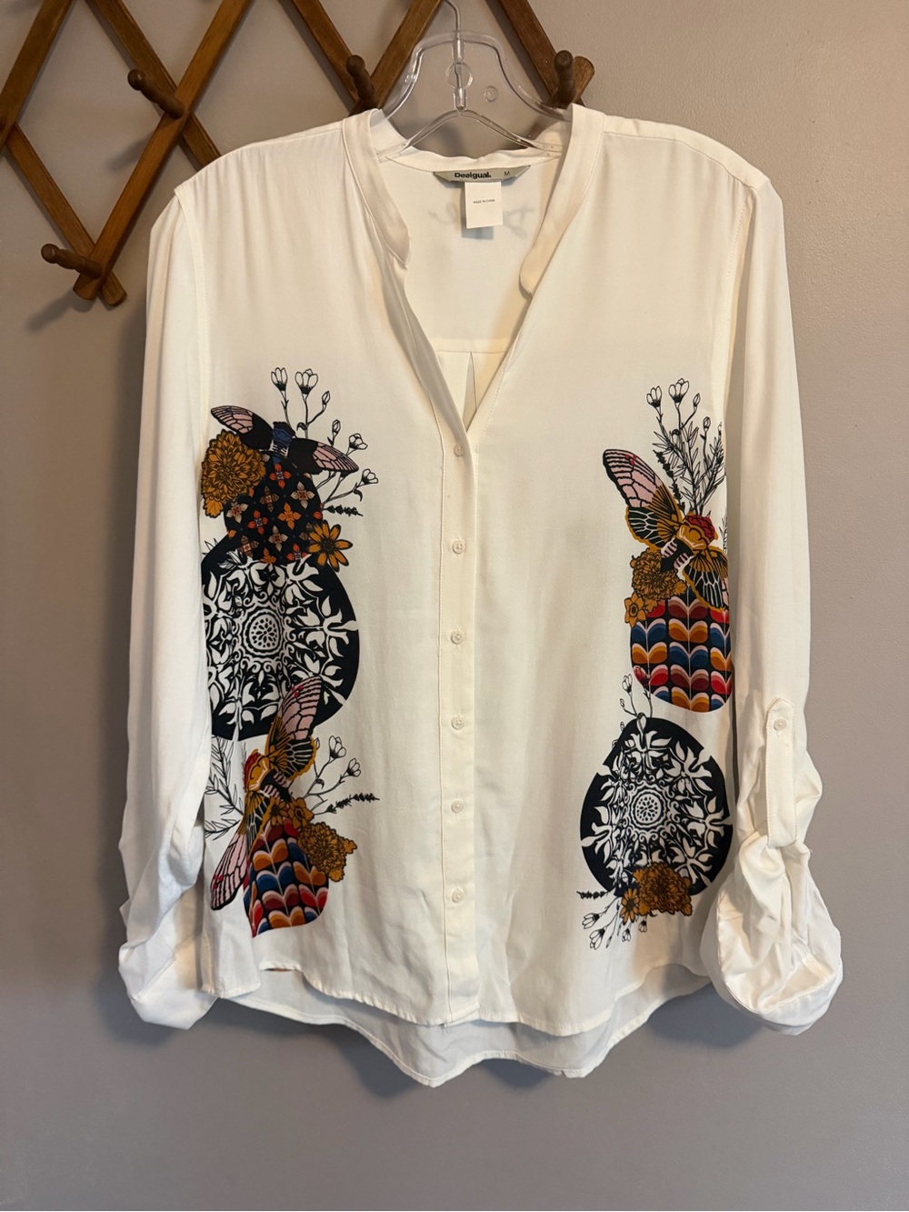 Desigual Insect Butterfly Mandala Roll Tab Sleeve Blouse White Medium